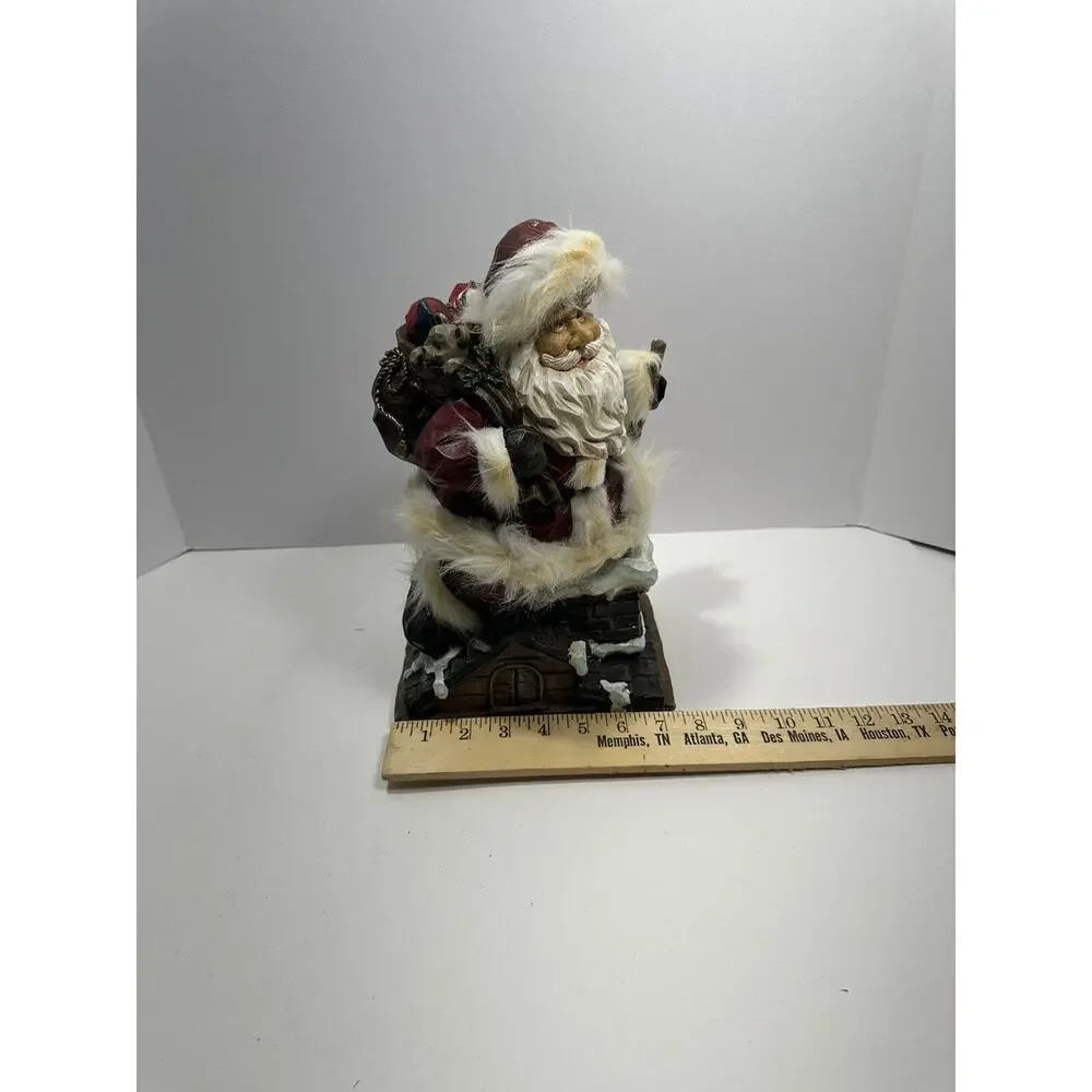 Vintage Wood Carved Art Santa Claus Entering Chimney With Sack Of‎ Toys Figure